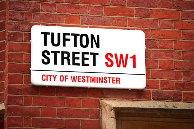 streetname sign for Tufton Street, SW1, in Westminster, London