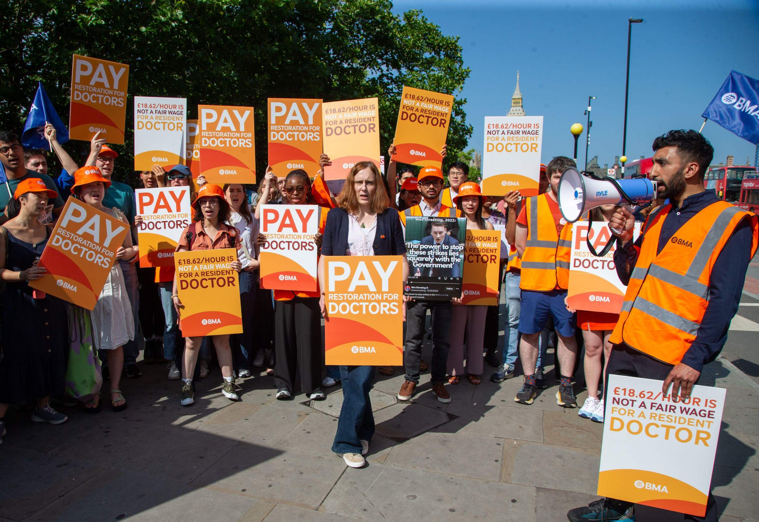 NHS resident doctors, formerly referred to as junior doctors, seen at the picket line outside St Thomas' Hospital in London, as they began strike action this week after pay talks collapsed. Photo: ZUMA Press, Inc.