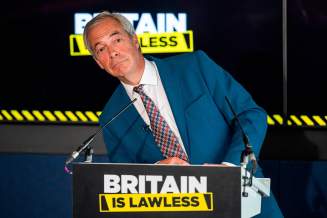 Nigel Farage, at a lectern, lurching to the right