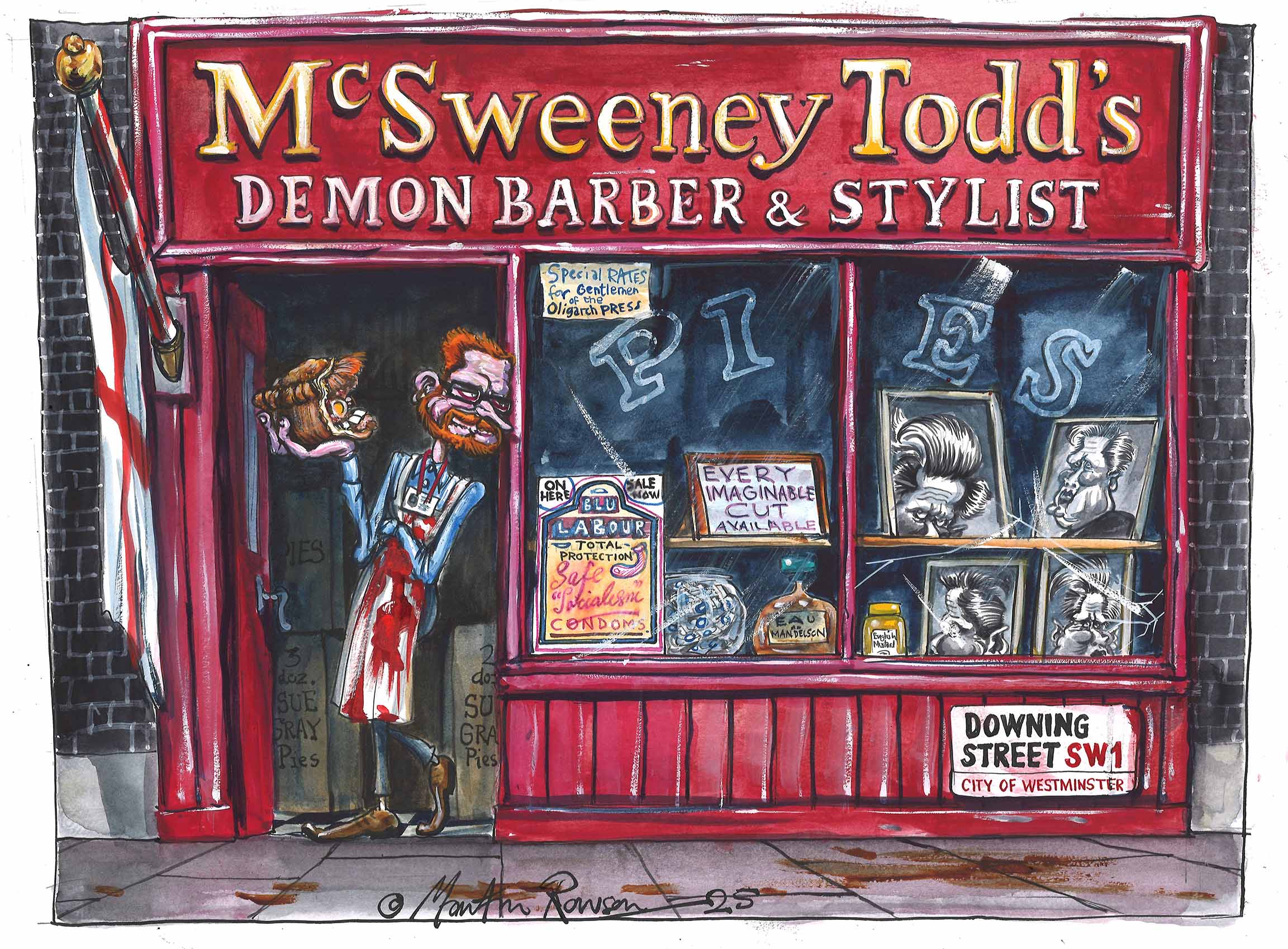 cartoon by Martin Rowson depicting Morgan McSweeney stood in the doorway of a shopfront, under the sign "McSweeney Todd's - Demon Barber & Stylist", taking a bite of a pie filled with, wait is THAT? Ms Rayner? Angela?