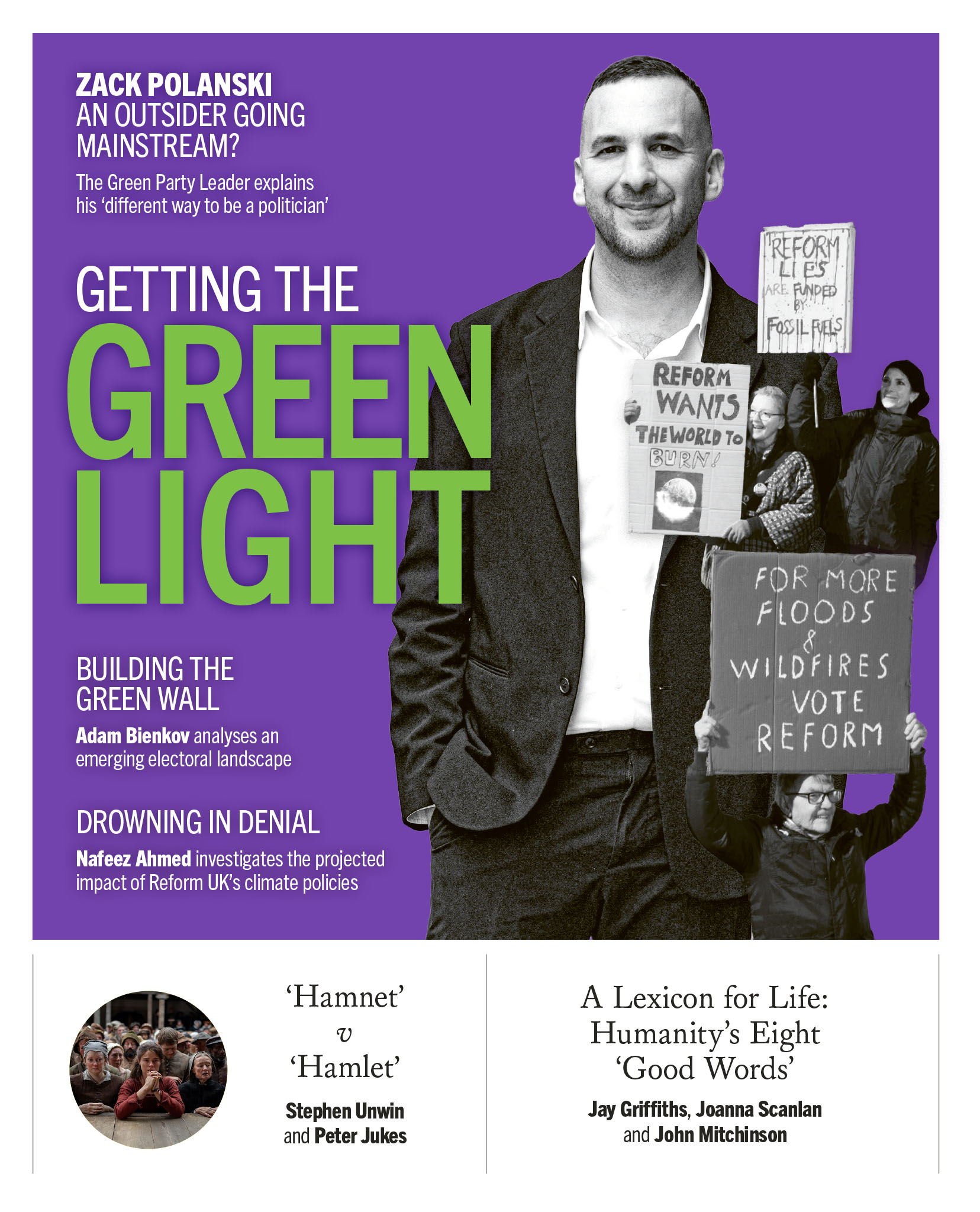 Ed 82 cover - Getting the Green Light. Zack Polanski and some anti-Reform UK protestors