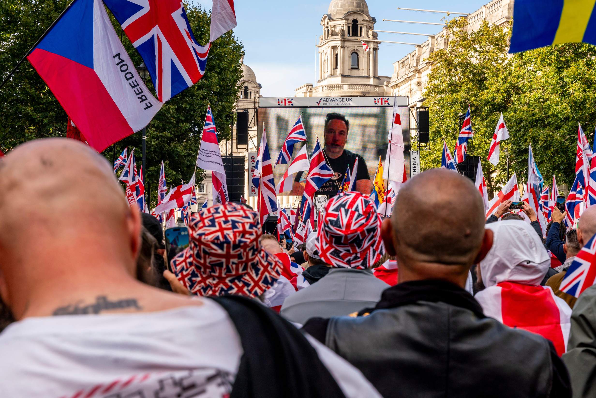 Elon Musk, The Owner Of X (Twitter) Addresses Crowds At The Unite The Kingdom Rally Organised By The Right Wing Activist Tommy Robinson, London, UK.