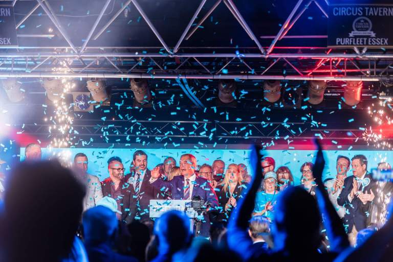 Nigel Farage at a Reform UK local election tour Thurrock Local Election Rally in the Circus Tavern, Purfleet, Essex, UK. Finale with local candidates