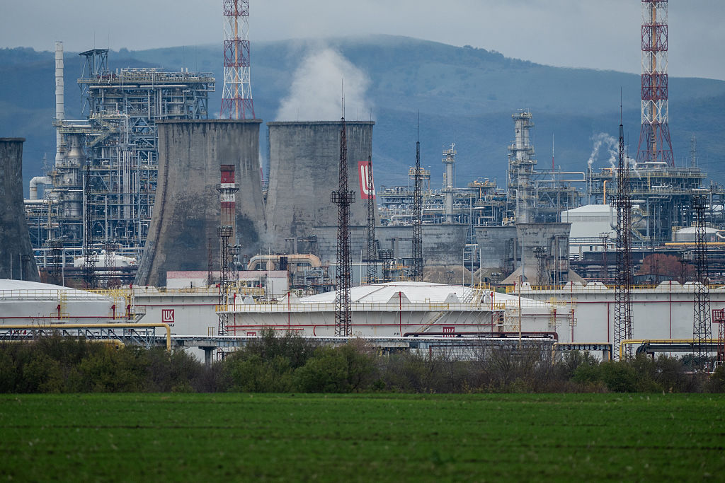 BURGAS, BULGARIA - NOVEMBER 7: A general view of a Lukoil Neftochim Oil Company rafinery on November 07, 2025 in Burgas, Bulgaria. According to reports in Bulgarian media, the country is preparing to seize Lukoil's Burgas oil refinery after the Russian oil company was subjected to US sanctions last month. (Photo by Hristo Rusev/Getty Images)
